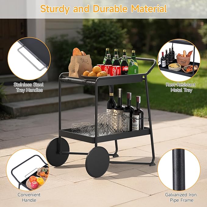 Outdoor Grill Cart Table with Extra-Large Wheel, 24" x 16" Removable Tray & Ergonomic Handle, Indoor and Outdoor Pizza Oven Table for Garden Patio BBQ Kitchen Food Prep Cart for Party