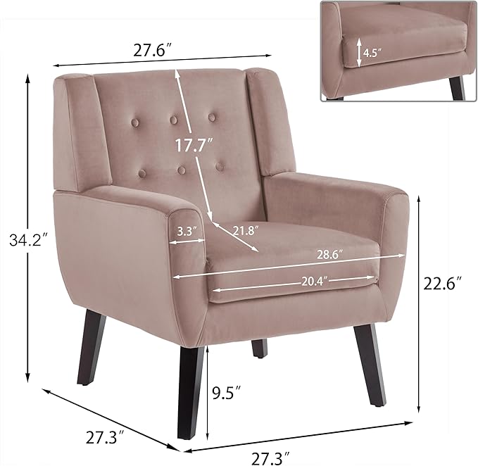 UIXE Accent Chair, Velvet Upholstered Armchair for Living Room, Modern Club Arm Chairs Comfy Single Sofa Button Tufted Bedroom Reading Seat - Skin Pink, Set of 1