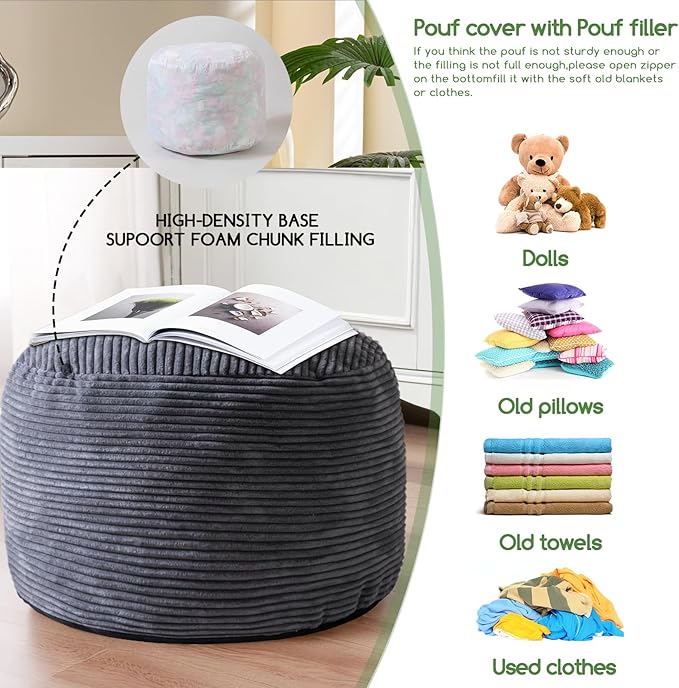 HIGOGOGO Round Stuffed Pouf Ottoman, Corduroy Poufs with Foam Chunk Filling, Furry and Fluffy Pouf Foot Stool Storage Ottoman, 20 X 15 Floor Poufs Foot Rest for Living Room, Dark Grey