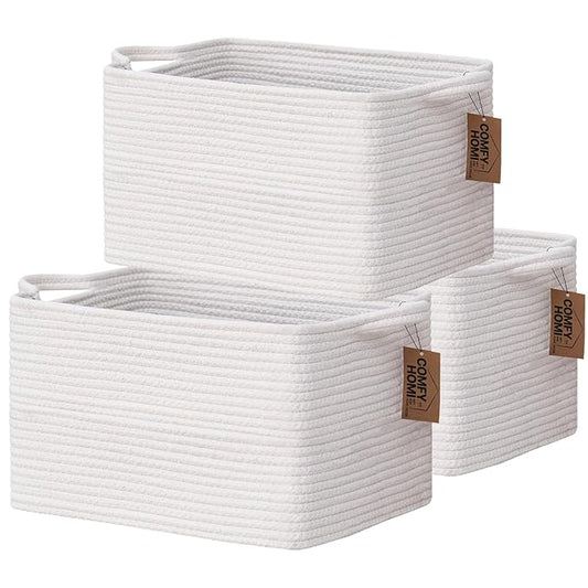 COMFY-HOMI 3PACK Cotton Rope Square Basket with Handles for Shelves|Dog Toy Basket Bin and Storage|Baby Basket for Gif|Shoe basket for Organizing|New13.5" x 11" x 9.5" for Living Room(All White)