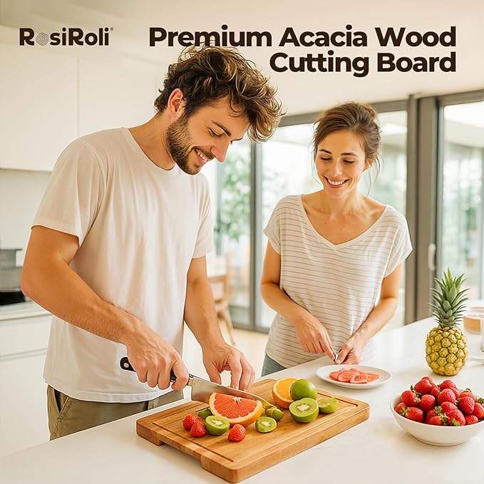 Acacia Wood Cutting Board for Kitchen - 0.8 inch Thick Wood Charcuterie Cheese Board with Side Handles and Juice Grooves, Wooden Chopping Block for Meat and Veggies, 11.5x7 inch
