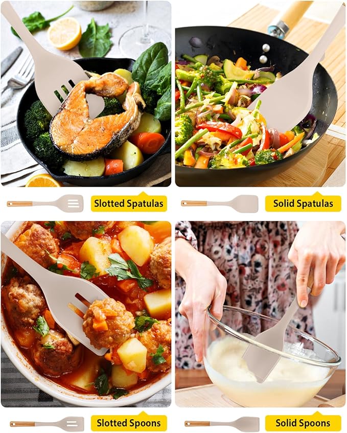 Pack of 4 Silicone Kitchen Utensils Set, Non Stick Solid Spatulas and Heat Resistant Slotted Spoons with Wooden Handle, Ideal BPA Free Cooking Utensils for Mixing,Serving,Turning,Stirring(KHAKI)