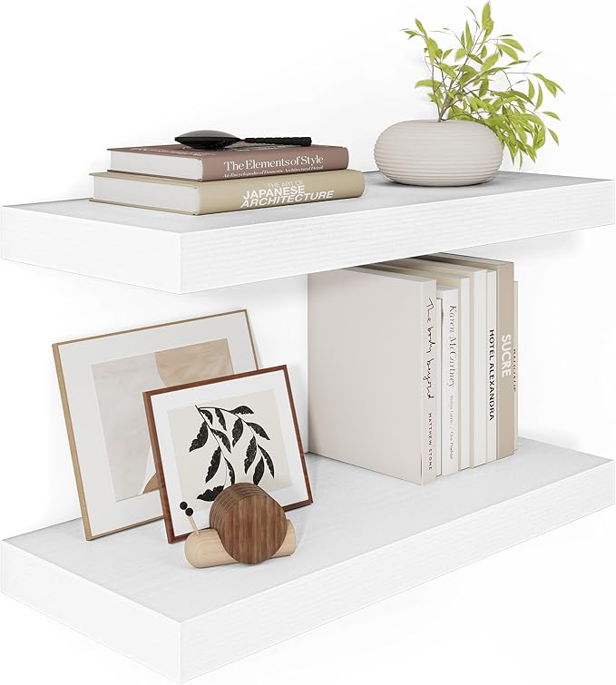 White Floating Shelves for Wall, 24 Inch X 12 Deep Shelves for Room Wall Mounted,2" Thick Heavy Duty Holds 55lbs Floating Shelf for Bedroom Bathroom Kitchen Laundry Room, Set of 2
