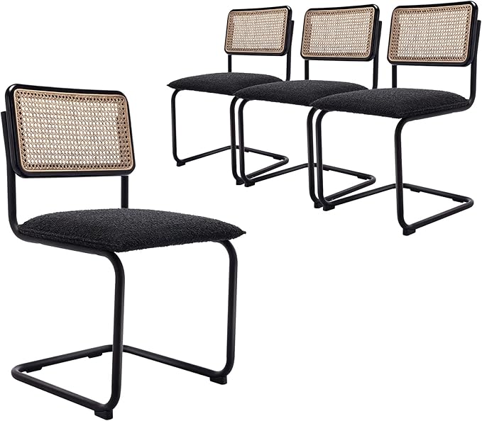 Mid Century Modern Rattan Dining Chairs Set of 4, Boucle Kitchen Chairs with Handwoven Mesh Rattan Backrest and Metal Legs, Upholstered Accent Side Chairs, Black
