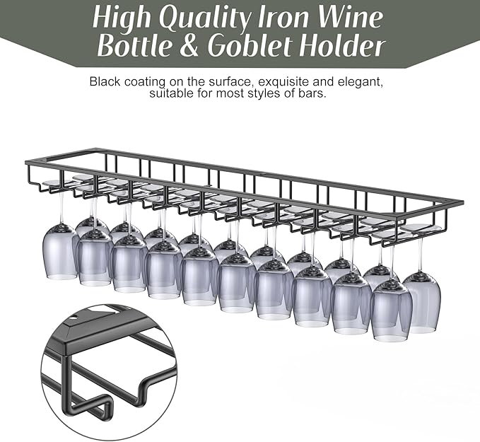 Xverycan Wine Glass Rack Under Cabinet, 10 Row Extreme Large Stemware Hanger, Metal Wine Goblet Holder, DIY Bar Glass Storage Rack for Bar Counter, Kitchen, Screws Included