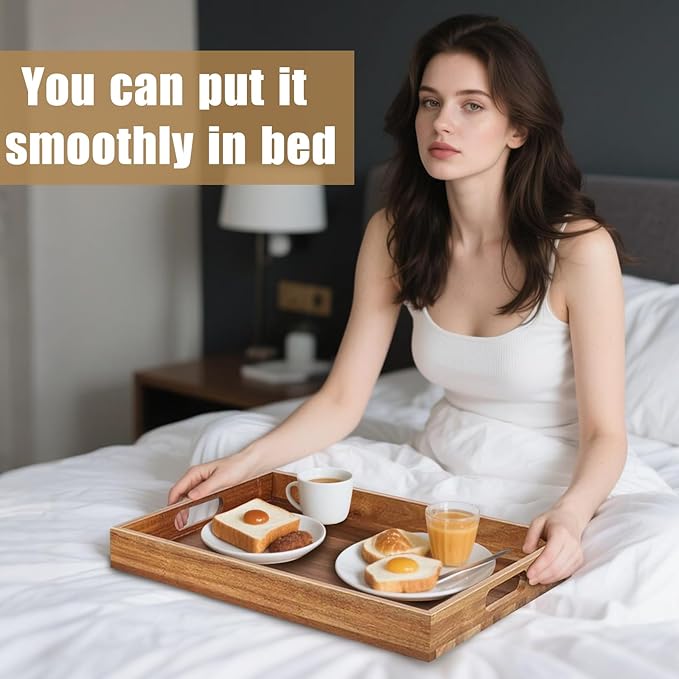 Acacia Wood Serving Tray with Handles - 17-Inch Large Wooden Tray for Ottoman - Perfect for Breakfast, Lunch, Dinner, Appetizers, Patio, Ottoman, Coffee Table,BBQ, Party – Great for Lap &Couch 