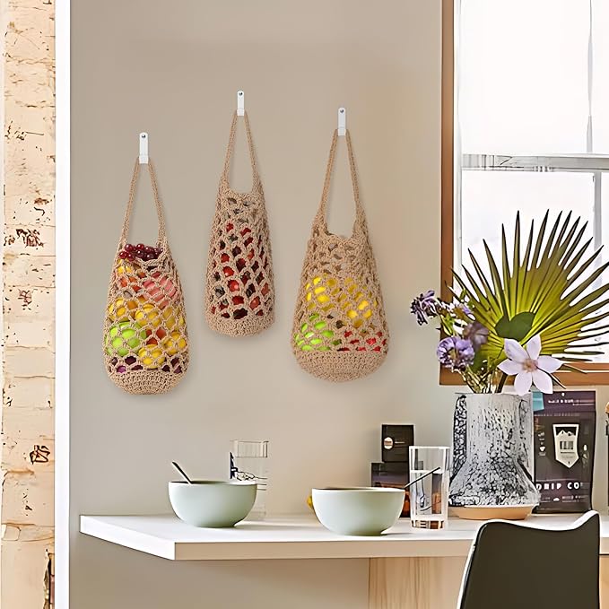 AARAINBOW Boho Wall Hanging Baskets for Kitchen Storage, Fruit Woven Wall Basket 9 Pcs, Hanging Vegetable and Onion Storage with 24 Hooks (Brown)