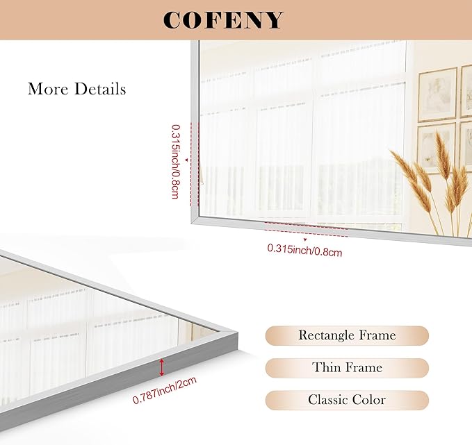 30x40In Silver Bathroom Mirror for Wall, Brushed Nickel Rectangle Mirrors with Metal Frame, Bathroom Rectangular Mirror Modern Wall Mirror for Bedroom Living Room, Hangs Horizontal or Vertical