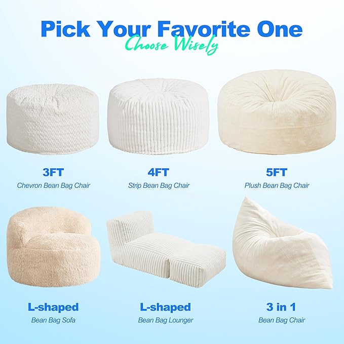 Hobestluk 3 in 1 Bean Bag Chair Giant Bean Bag Chairs for Adults with Plush Faux Fur Cover Convertible Bean Bag Floor Cushion with Machine Washable Cover for Living Room (Plush White)