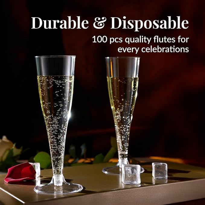 Prestee 100 Pack Clear Plastic Champagne Flutes - 4.5 oz Durable Disposable Champagne Glasses for Parties, Weddings, Toasting and Large Celebrations - Elegant Wine Glasses Stemware for Easy Cleanup