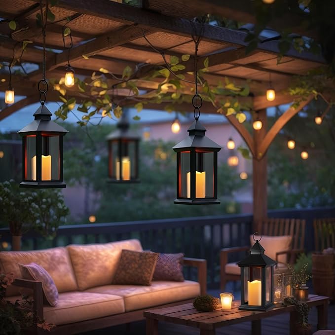 Lanterns Decorative Indoor, 1 Pack Black Outdoor Lantern with Timer, 14" Lantern Waterproof with Battery Operated Candle, Outdoor Hanging Lanterns for Porch, Patio, Wedding Decor