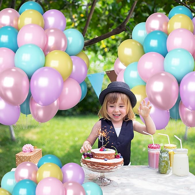 Pastel Balloons 60 Pcs Metallic Pink Purple Teal Blue Yellow Multicolor Latex Balloon Macaron Rainbow Pastel Color Party Balloons for Girls Birthday Baby Shower Bridal Wedding Party Decorations