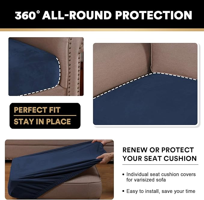 PrinceDeco Stretch Velvet Couch Cushion Cover,Soft Fitted Cushion Slipcover for Arm Chair Sofa Cushion Furniture Protector Seat Cushion Sofa Cover Width Up to 29.5", Navy