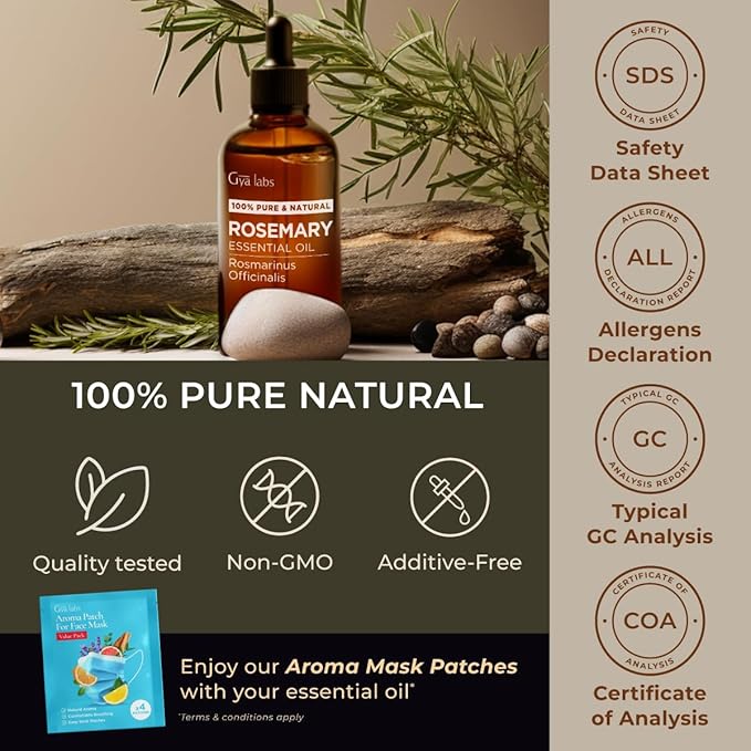 Gya Labs Rosemary Essential Oil for Hair - Huge 4 Fl Oz - 100% Pure Natural Rosemary Oil for Scalp, Diffuser, Skin, Aromatherapy & Candle Making Scent