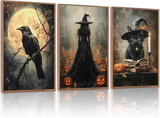 KAIRNE Framed Halloween Canvas Wall Art,Dark Witch Crow Prints,Black Cat Painting,Horror Gothic Pictures Set of 3 (16”X24”),Scary Halloween Wall Decor for Party Living Room Bedroom Office Decoration
