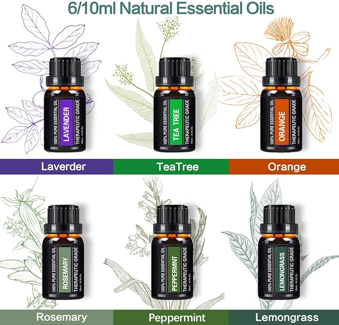 YIKUBEE Oil Diffuser with Essential Oils Set, 500ml Diffuser, 6x10mL Essential for diffusers for Home, Aromatherapy Humidifier, Diffusers for Essential Oils Large Room