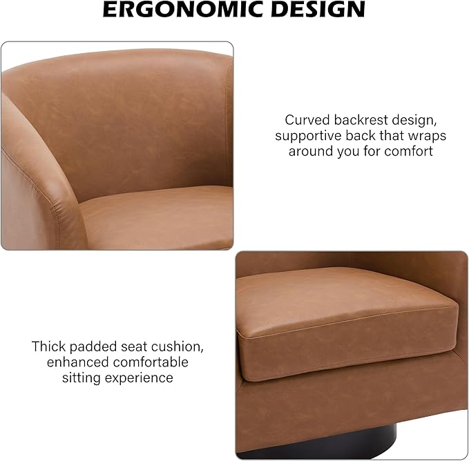 Swivel Barrel Accent Chair, Modern Round Faux Leather Arm Chair for Living Room, Bedroom, Comfy Club Reading Chairs for Adults, Faux Leather Brown, Set of 2