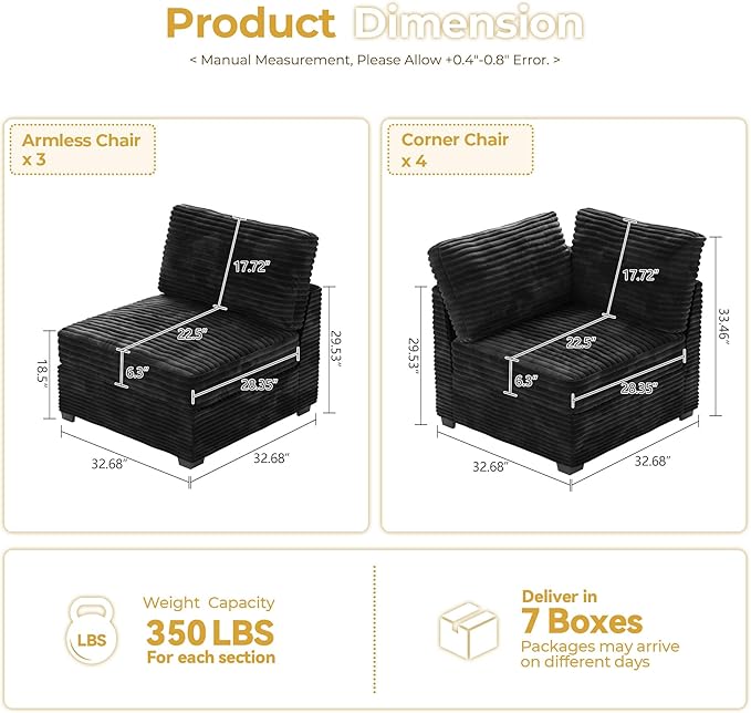 HOOOWOOO Modular Sectional Sofa,7 Pieces Sectional Couches for Living Room,131X98 U Shaped Cloud Couch Set(Black Velvet Corduroy)