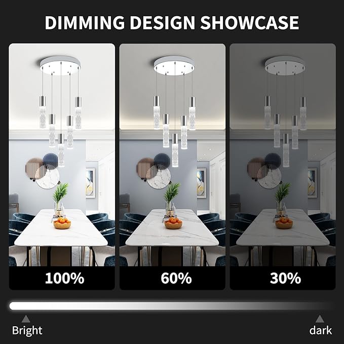 OKELI 5-Light Pendants Light for Kitchen Island Dining Room, 6000K Bubble Crystal Modern LED Kitchen Hanging Lights, 30W Chrome Pendant Lighting Fixture, Round