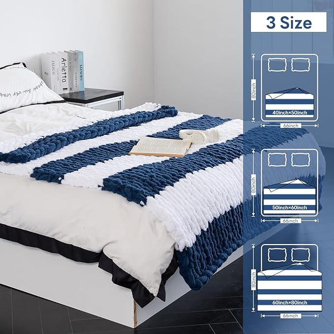 Chunky Knit Blanket - Luxury Soft Cozy 60 * 80 Throw Blanket,100% Woven Blanket Rope Knot Throw Blanket for Couch, Sofa, Home Decor, Gift - Machine Washable(White/Deep Blue)