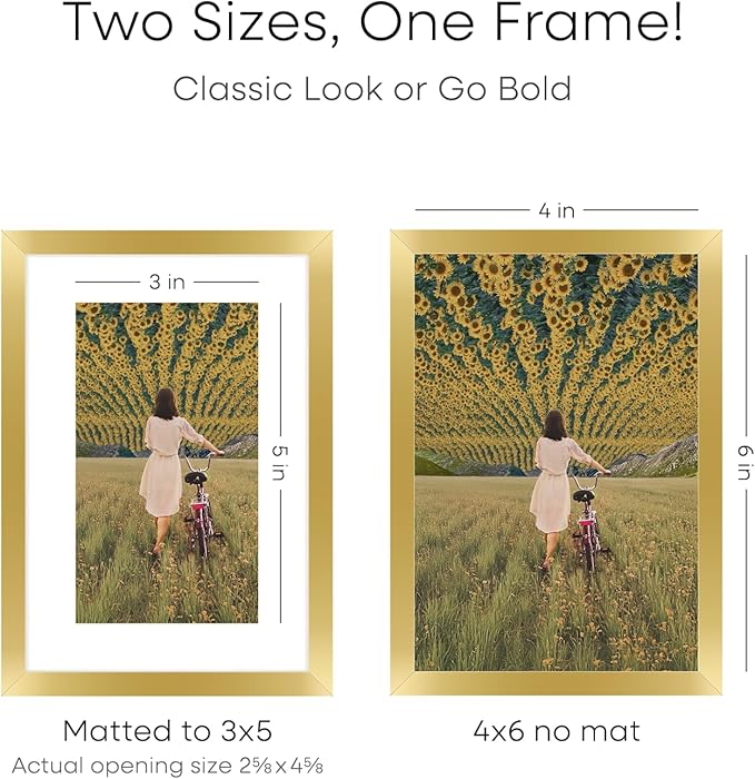 Homeforia 4x6 Picture Frame Gold, High End Metal 4 x 6 Gold Frames with Mat 3 x 5 for Print, 4by6 Desk Frame Matted to 3x5 inch Photo, 4 by 6 Wall or Tabletop Frame, Tempered Glass, Wall Kit, Set of 1