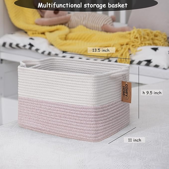 COMFY-HOMI 3PACK Cotton Rope Square baske with Handles for Shelves|Dog Toy baske Bin and Storage|Baby baske for Gift|Shoe baske for Organizing|13.5" x 11" x 9.5" for Living Room(White/Pink)