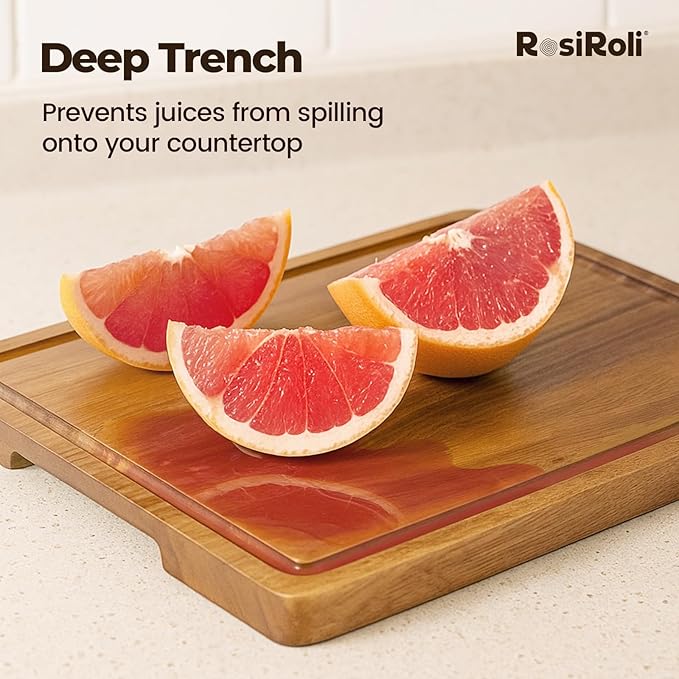 Acacia Wood Cutting Board for Kitchen - 0.8 inch Thick Wood Charcuterie Cheese Board with Side Handles and Juice Grooves, Wooden Chopping Block for Meat and Veggies, 13x10 inch