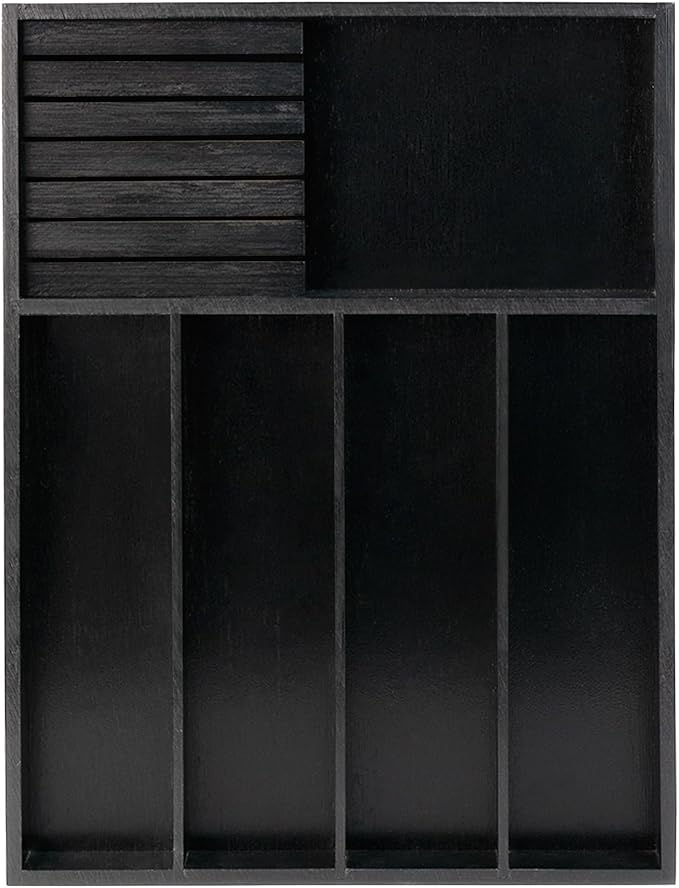 VaeFae Bamboo Silverware Organizer, Utensil Holder for Drawer, Wooden Cutlery Tray with Divider for Kitchen Drawer, Utensil Organizer with Knife Block(Black)