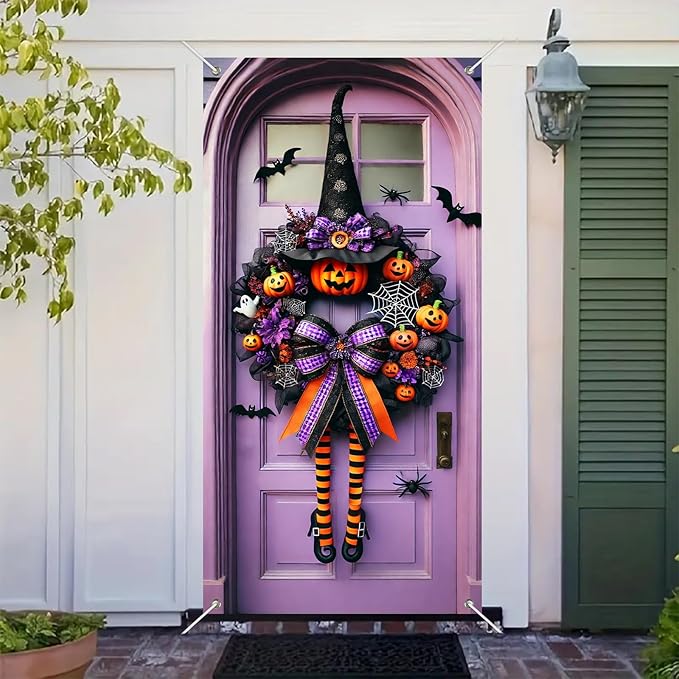 Halloween Witch Wreath Door Cover 71x35 Inch Holiday Front Porch Door Banners Decoration Purple Pumpkin Spider Web Bat Background Hanging Banner for Indoor Outdoor Spooky Party Decor