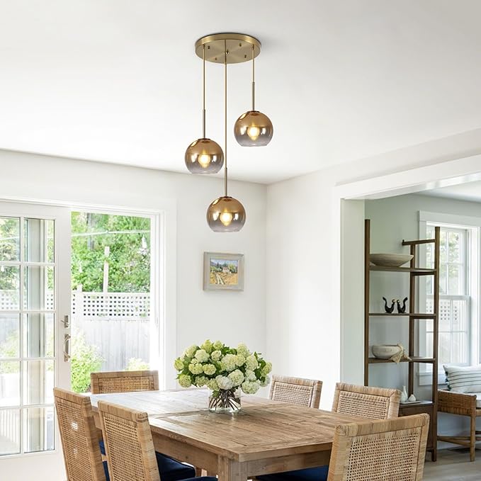 KCO Lighting 3 Light Globe Cluster Pendant Light Modern Glass Cluster Chandelier Gold Glass Pendant Light Fixture Mid Century Dining Room Chandelier Multi Pendant Light Fixture