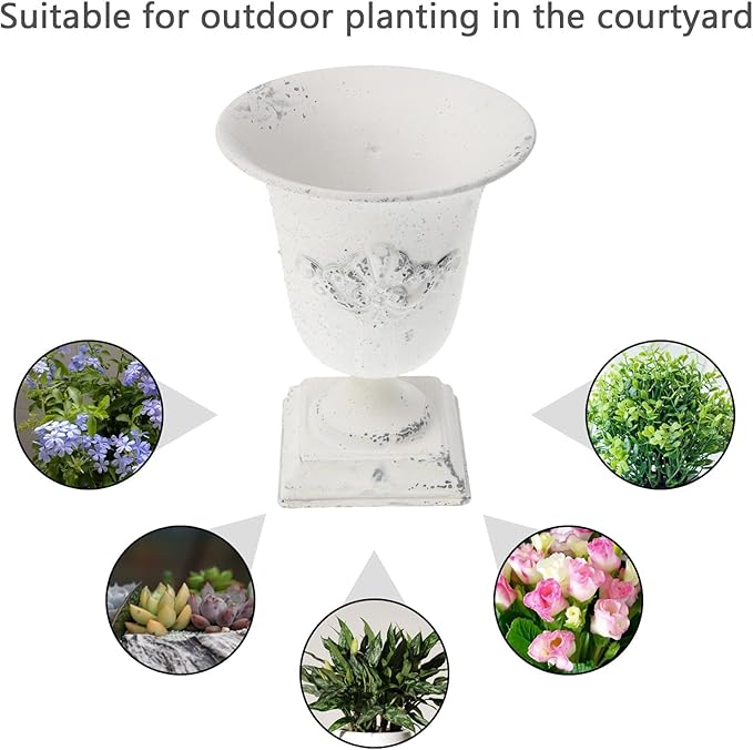 POPETPOP Tall Urn Vase Retro White Metal Urn Planter Pedestal Flower Pot Rustic Farmhouse Flower Holder for French Country Style Home Table Centerpiece Decor,5.9x5.9x7.47 inches