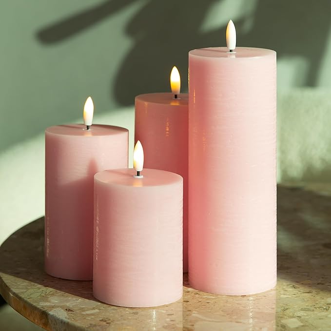 LUSHABOR Flameless Candles, 4 Pack Battery Operated Candles with Remote, Real Wax LED Fake Candles with Timer Flickering for Christmas Wedding Home Party D3 H 5" 6" 7" 9" Pink