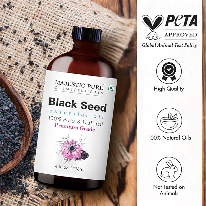 Majestic Pure Black Seed Essential Oil with Glass Dropper - Huge 4 Fl Oz - 100% Pure and Natural Black Pepper Oil - Premium Grade Essential Oils for Diffuser, Aromatherapy, Soap and Candle Making