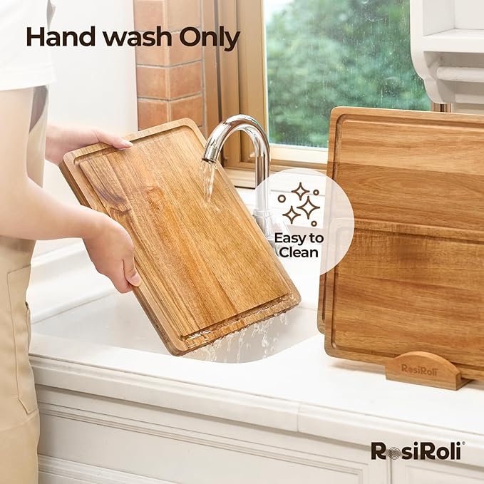 Acacia Wood Cutting Board for Kitchen, 3 Set with Holder - FSC Certified Large Wood Charcuterie Cheese Board with Handles and Juice Grooves, Wooden Chopping Block, Ideal Gift Set of 3 (S/M/L)