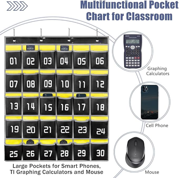 Loghot Classroom Accessories Closet Pocket Chart for Cell Phones Holder Wall Door Hanging Organizer (30 Pockets Black)