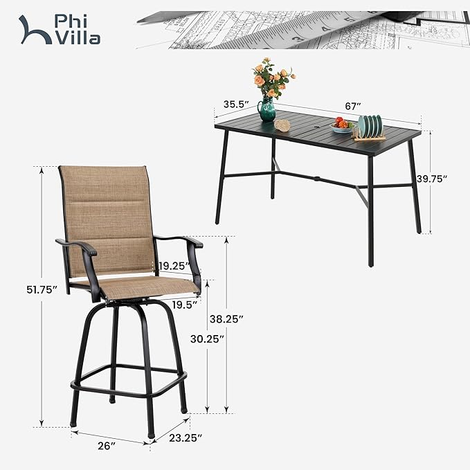 PHI VILLA 7 Piece Patio Bar Dining Set, Bar Height Outdoor Table and Chairs with 6 Swivel Bar Stools (Padded Textilene) & Large Rectangle Metal Table for Deck, Garden and Yard