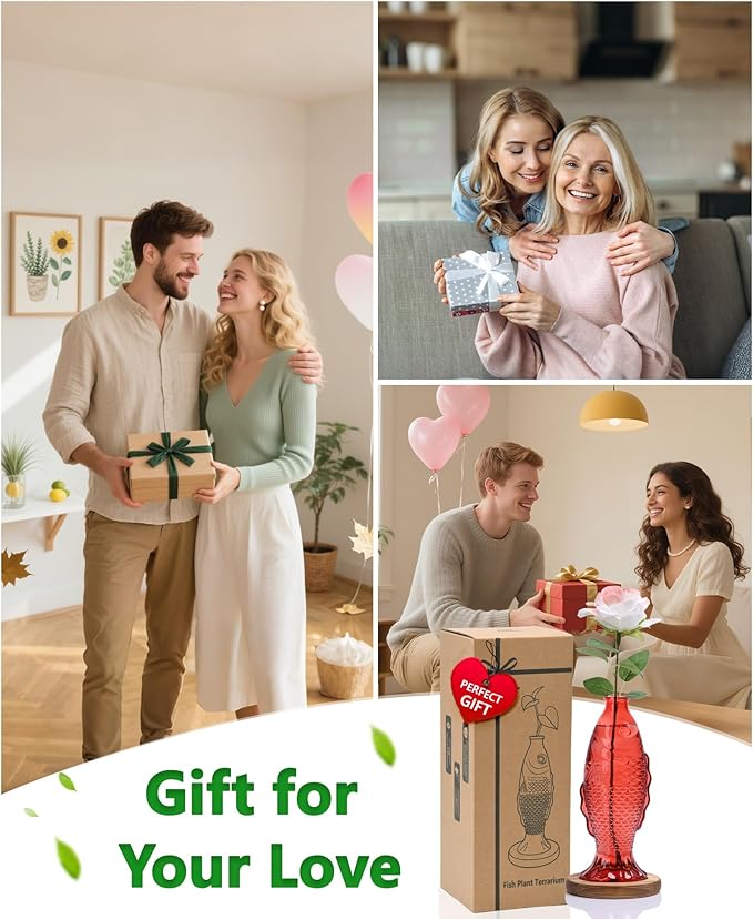 Nacome Fish Vase Glass Plant Terrarium with Wooden Stand,Planter Propagation Station for Home Office Hydroponics Desk Decoration,Unique Gardening Gifts for Plant Lovers Women Mom(Red)