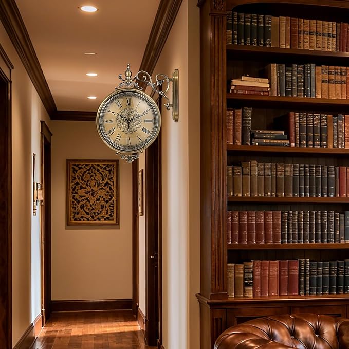 Large Vintage Double Sided Wall Clock with Glass & Metal, Roman and Arabic Numerals, Silent Non-Ticking Battery Operated Antique Clock for Living Room, Office, Hallway Decor (15x18.5 Inch)