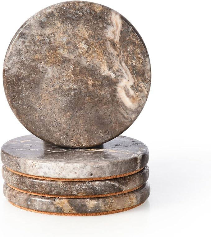 Marble Coasters Set of 4, Natural Gray Stone 4 Inch/10 cm, Modern Round Travertine Drink Coasters for Home Decor, Coffee Table, Office