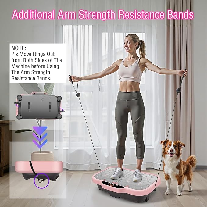 Vibration Plate Exercise Machine, Vibrating Fitness Platform Whole Body Shake Board Workout Equipment Fat Burner Vibrate Stand with Bluetooth Resistance Bands for Women Men Home Sport Gym-Pink