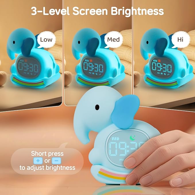 Alarm Clock for Kids with Night Light, Sleep Training Clock Time to Wake Clock, Rechargeable Silicone Light for Bedroom, Perfect Sleep Companion for Boys Girls,Blue Elephant