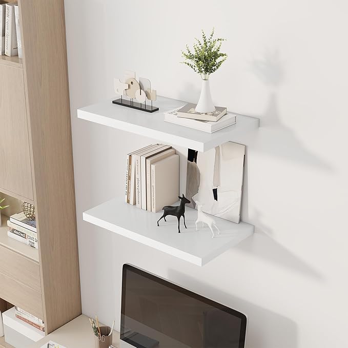 24" Floating Shelves for Wall, 12" Deep Slim White Floating Shelves, Wall-Mounted Shelves for Bedroom, Living Room, Kitchen, Bathroom - Set of 2