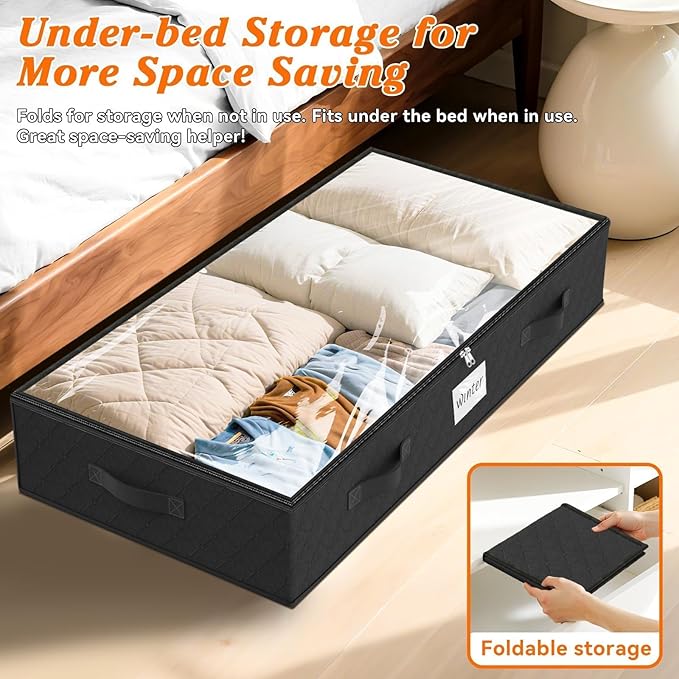 SpaceWhisper 90L Under Bed Storage Containers, 2-Pack Storage Bins with Clear Top, Foldable Closet Organizers and Storage with Label Holder for Clothing, Blankets, Comforter & Pillows(Black)