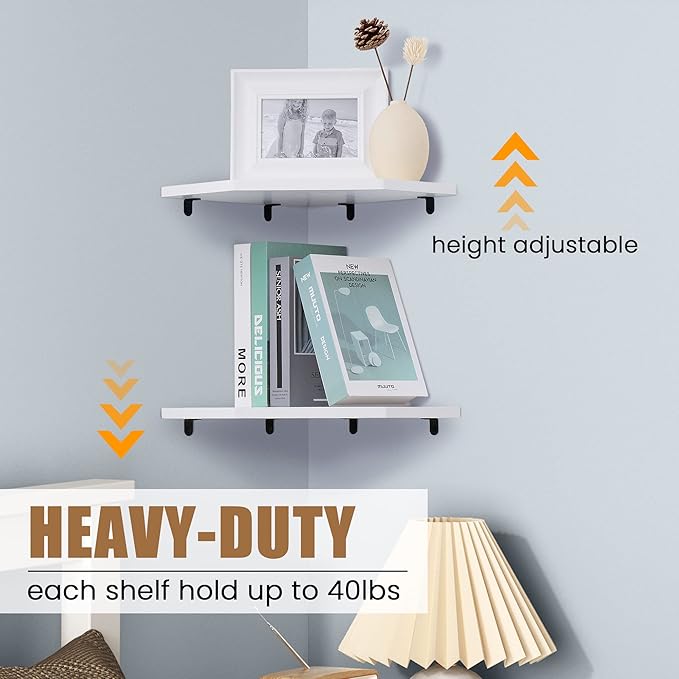 Corner Shelf Wall Mount, Floating Corner Shelves, Set of 4 Corner Wall Shelf Organizer, Rustic Wood Wall Storage Display Shelves for Living Room Bedroom Bathroom Kitchen, Rustic White