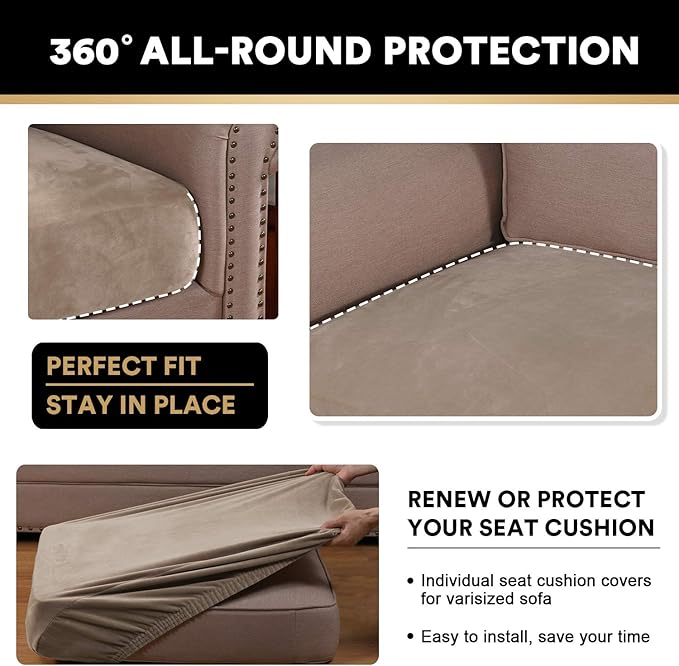 PrinceDeco Velvet Stretch Couch Cushion Cover Soft Cushion Slipcover for Chair Loveseat Sofa Furniture Protector Seat Cushion Sofa Cover (Each Width Up to 29.5", Taupe)