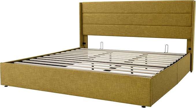 Allewie King Size Lift Up Storage Bed, Modern Wingback Headboard, Hydraulic Support, No Box Spring Needed, Olive Yellow