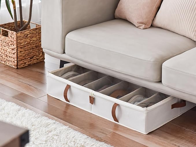 StorageWorks Shoe Organizer Under Bed for Closet, 2-Pack Ultra-thick Fabric Shoe Storage Containers with Bottom Support and Adjustable Dividers, Fits up to 24 Pairs, Beige