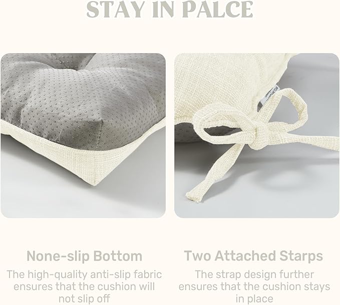 puredown® Chair Cushions for Dining Chairs, Tufted Memory Foam Chair Pads with Non-Slip Backing, Kitchen Seat Cushions with Ties, Washable Seat Pads Set of 4, 15.5" x 15.5" x 4", Ivory