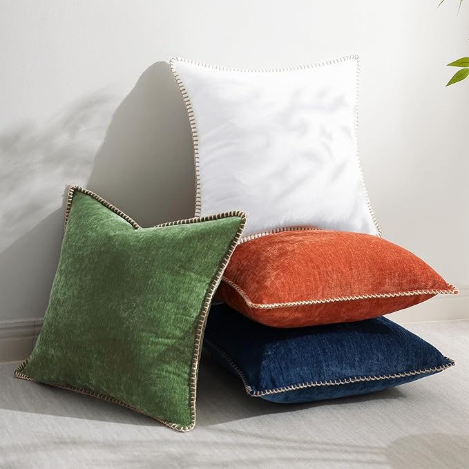 decorUhome Fall Chenille Soft Throw Pillow Covers 20x20 Set of 2, Farmhouse Velvet Neutral Decorative Euro Pillow Covers with Stitched Edge for Couch Sofa Bed Home Decor, Forest Elf