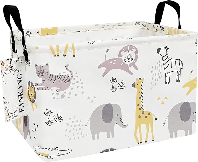 FANKANG Storage Bins, Nursery Hamper Canvas Laundry Basket Foldable with Waterproof PE Coating Large Storage Baskets for Kids Boys and Girls, Office, Bedroom, Clothes,Toys(Rec-Lovely Animals )